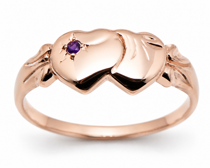 Size Y 9ct Yellow, Rose or White Gold 375 Amethyst (Birthstone Of February) Double Heart Signet Ring