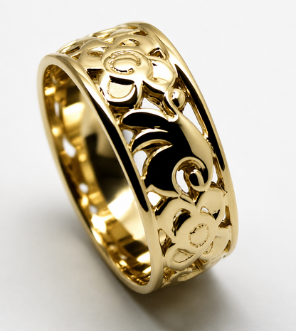 Genuine 9ct 9K 375 Full Solid Wide Yellow, Rose or White Gold Filigree Flower Ring 275 - Choose your ring size R to W