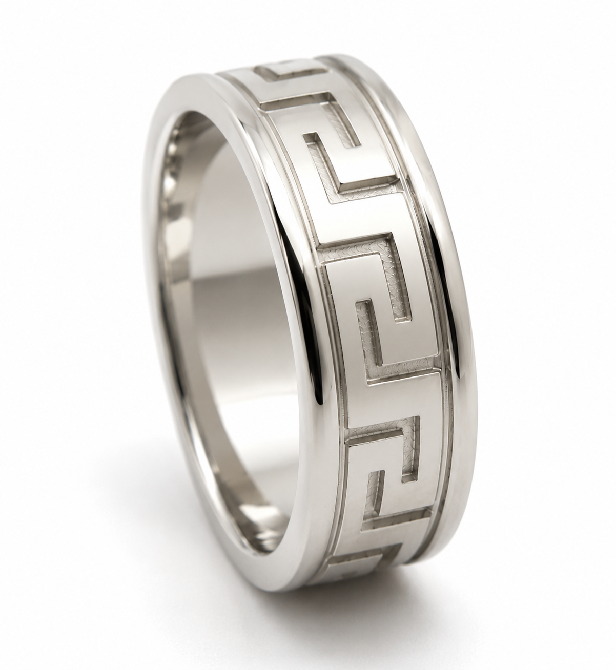 Kaedesigns, Genuine 9ct 9K 375 White Solid Polished or Matt Gold Large Greek Key Ring In Your Size (Copy)