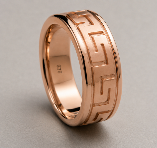 Kaedesigns, Genuine 9ct 9K 375 Rose Solid Polished or Matt Gold Large Greek Key Ring In Your Size