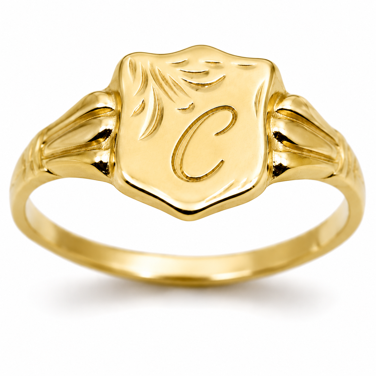 Genuine 9ct 9kt 375 Yellow, Rose or White Gold Shield Signet Ring + Engraving of one initial