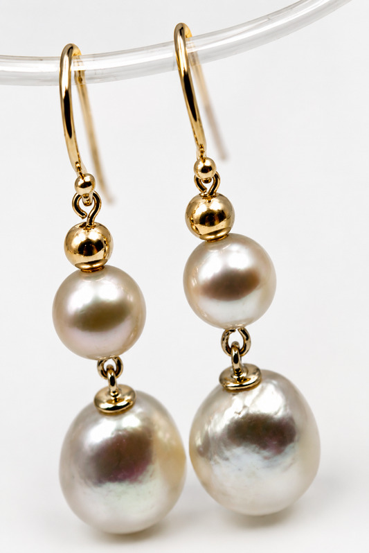 Genuine 9ct 9k 375 Yellow Gold Freshwater Cultured Pearl Baroque Pearl Earrings