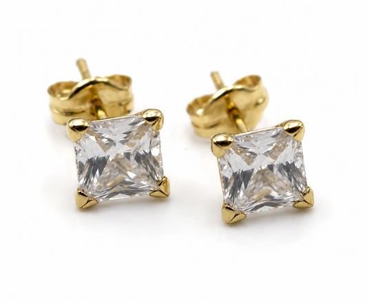 Genuine New 9ct 9K 375 Yellow Gold 4mm or 6mm 4 Claw Square CZ Stud Earrings