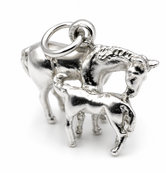 Genuine Sterling Silver 925 3D Horse and Foal Pendant / Charm