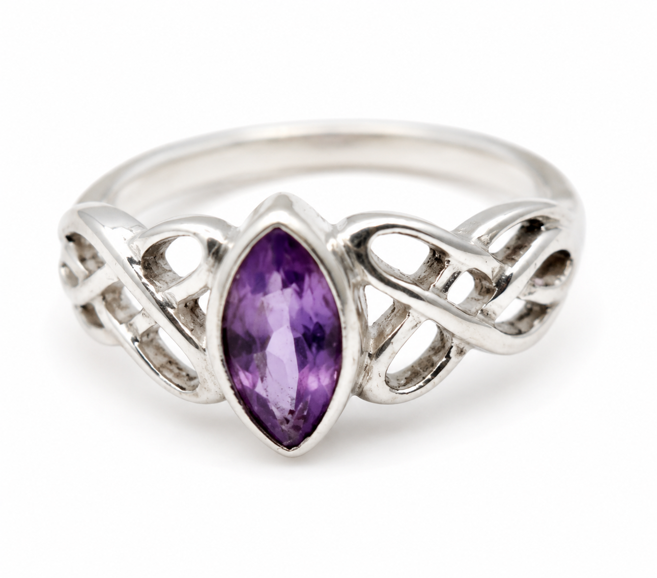 Size N Sterling Silver 925 Marquee Amethyst Celtic Weave Ring