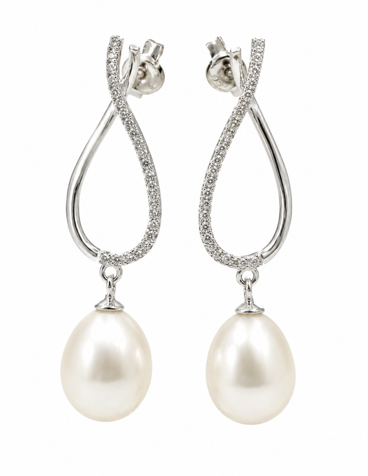 Sterling Silver 925 Freshwater Oval CZ White Pearl Ball Earrings