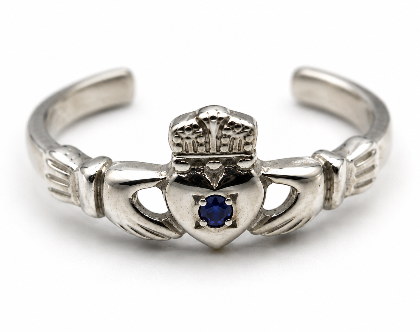 Genuine 9ct 9k 375 White Gold Irish Claddagh Blue Sapphire Toe Ring