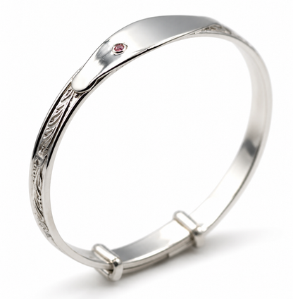 Sterling Silver 925 Child's Engraved Expanding Bangle + ID Plate Pink CZ