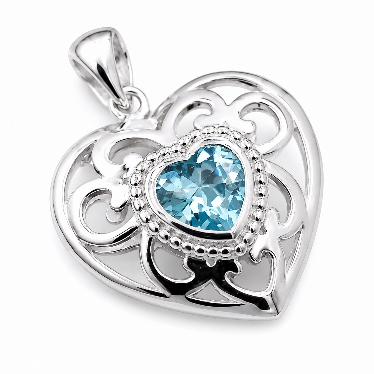 Sterling Silver 925 Filigree Heart Cubic Zircon Blue Pendant