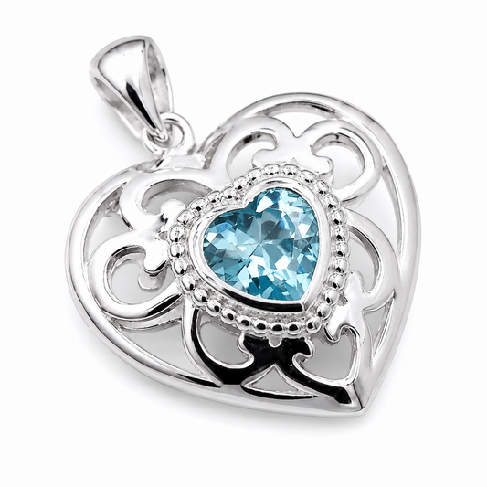 Sterling Silver 925 Filigree Heart Cubic Zircon Blue Pendant