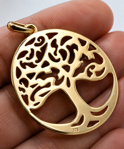 Genuine 9ct 9k 375 Yellow Gold Oval Filigree Tree Of Life Pendant