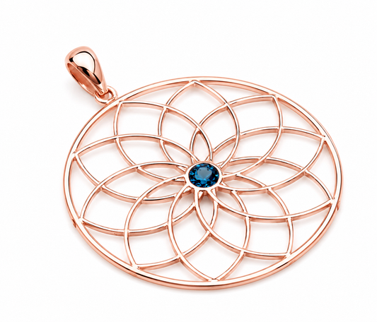 Genuine 9k 9ct Yellow, Rose or White Gold Flower of Life Pendant Set London Blue Topaz