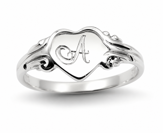 Genuine Solid Sterling Silver 925 Heart Signet Ring - Free Laser Engraving