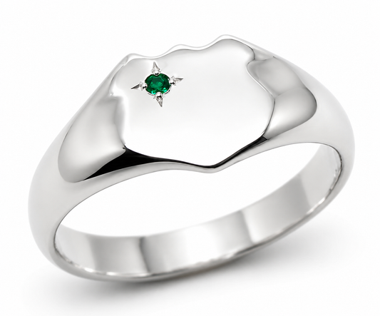 Solid Genuine Large Mens Sterling Silver Shield Green Emerald Signet Ring - Choose your size H to R