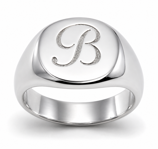 Genuine Solid Sterling Silver 925 Oval Signet Ring - Engraved with one initial