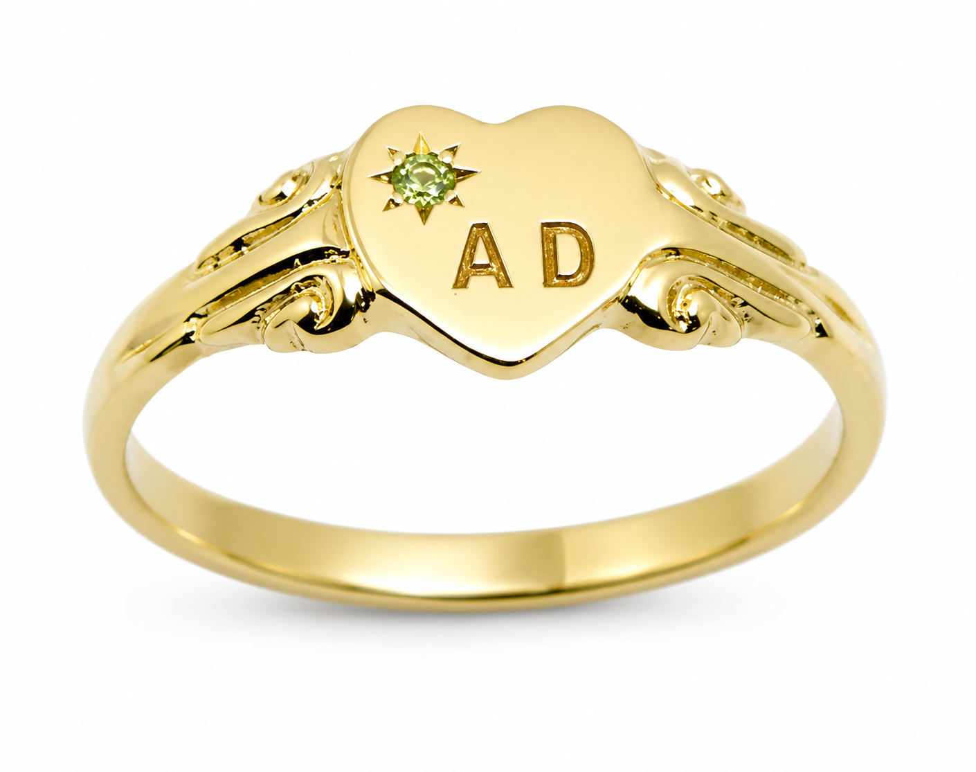 Size J,  August Birthstone 9ct 9k Yellow, Rose or White Gold 375 Green Peridot Stone Heart Signet Ring + Engraving