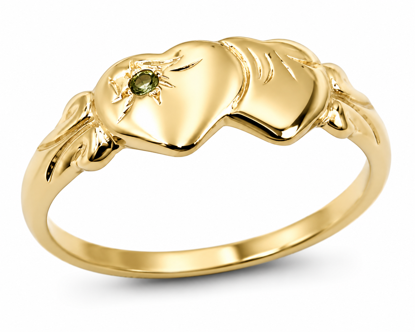 Genuine 9ct 9k 375 Yellow, Rose or White Gold Double Heart Signet Ring Peridot -August Birthstone