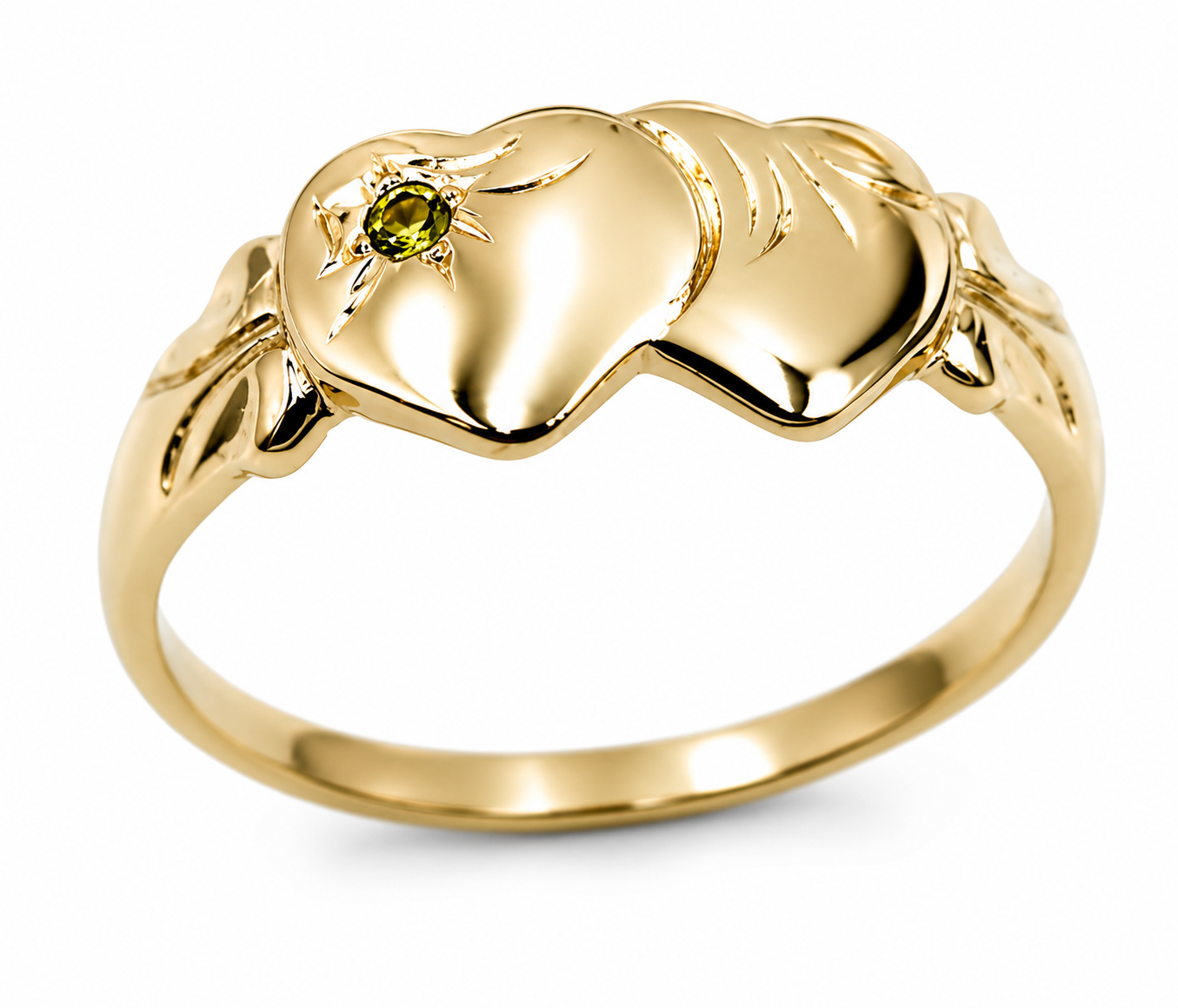 Genuine 9ct 9k 375 Yellow Gold Double Heart Yellow Green Peridot August Birthstone Signet Ring In your size