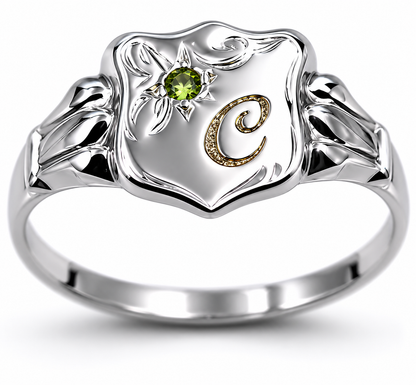 Kaedesigns, Genuine Childs Solid 9ct 9k 375 Green Peridot White Gold Shield Signet Ring + Engraving