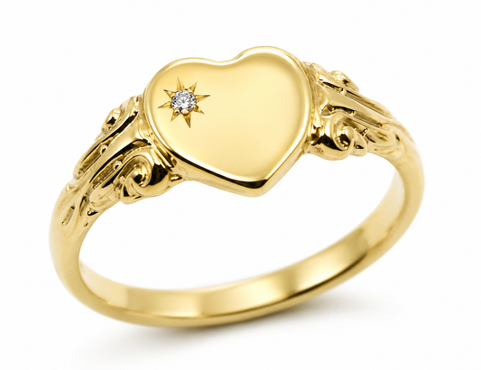 Solid Genuine 9ct 9kt 375 Yellow, Rose or White Gold Heart Signet Ring Diamond Ring - Choose your size