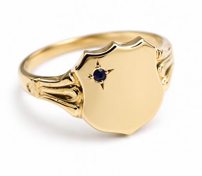 Genuine 9ct 9k 375 Solid Yellow, Rose or White Gold Large Blue Sapphire Shield Signet - Choose your size