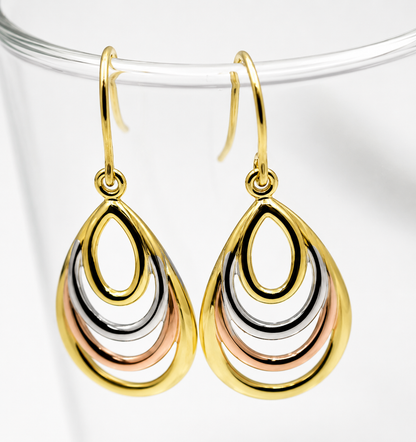 Genuine 9ct 9k 375 Yellow, Rose & White Gold 3 Tone Fancy Teardrop Earrings