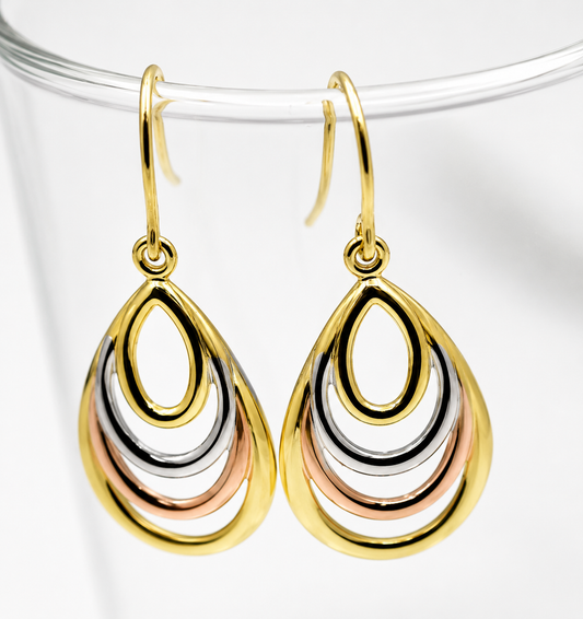 Genuine 9ct 9k 375 Yellow, Rose & White Gold 3 Tone Fancy Teardrop Earrings