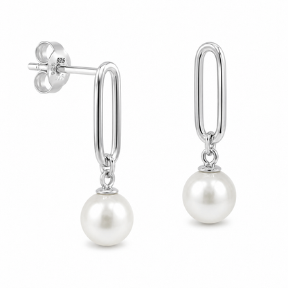 Genuine Sterling Silver 925 Paperclip Stud with 8mm Freshwater Cultured Pearl Drop Earrings