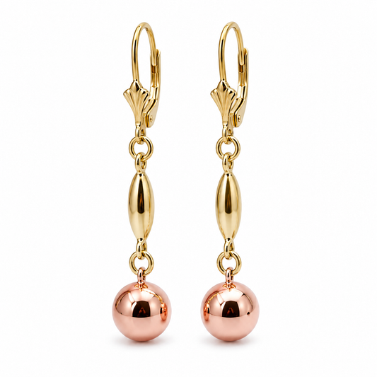 Genuine 9ct Yellow & Rose Gold 8mm Ball Long Drop Earrings + Rose Continental Hooks