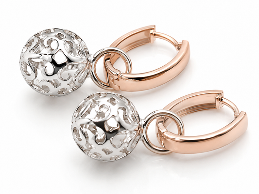 Genuine 9ct 9k Rose Gold Hoops + Sterling Silver 10mm Filigree Ball Huggies Earrings