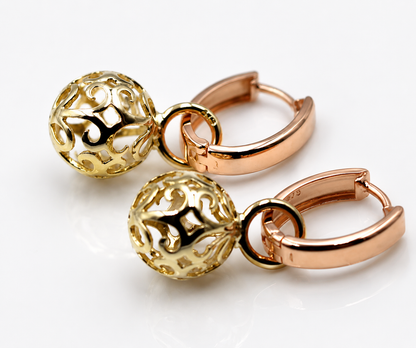 Genuine 9ct 9k 375 Rose + Yellow Gold Hoop 10mm Filigree Ball Huggies Earrings