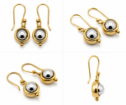 Genuine 9ct 9kt White & Yellow Gold Spinning Belcher Ball Drop Earrings