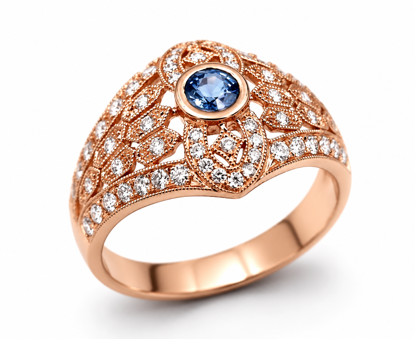 Kaedesigns New Genuine 18ct 750 Rose Gold Blue Sapphire Diamond Dress Ring