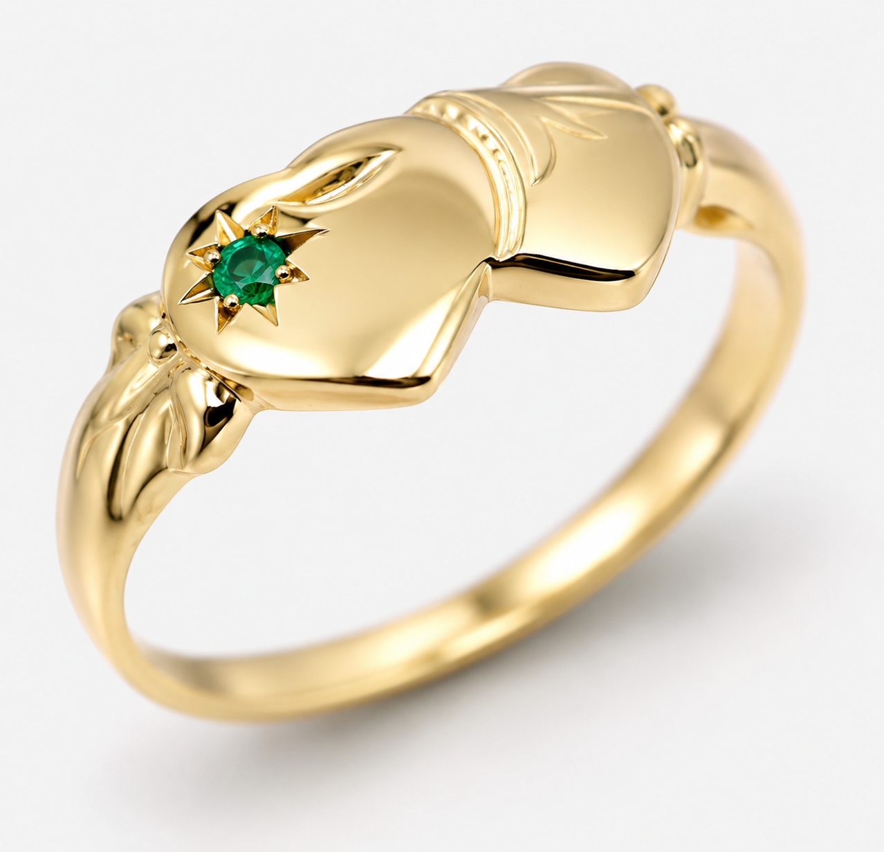 Genuine 9ct Yellow, Rose or White Gold Double Heart Green Emerald Signet Ring May birthstone