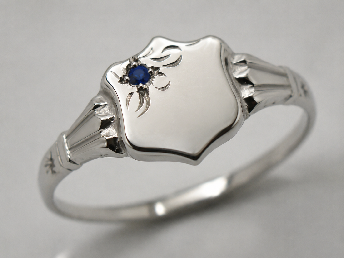 Kaedesigns, Genuine Childs Solid 9ct Blue Sapphire White Gold Shield Signet Ring
