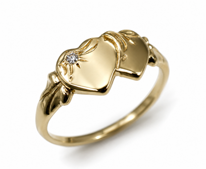Genuine 9ct 9k Yellow Gold Double Heart Lab Grown Diamond Signet Ring (choose your ring size F to 0)