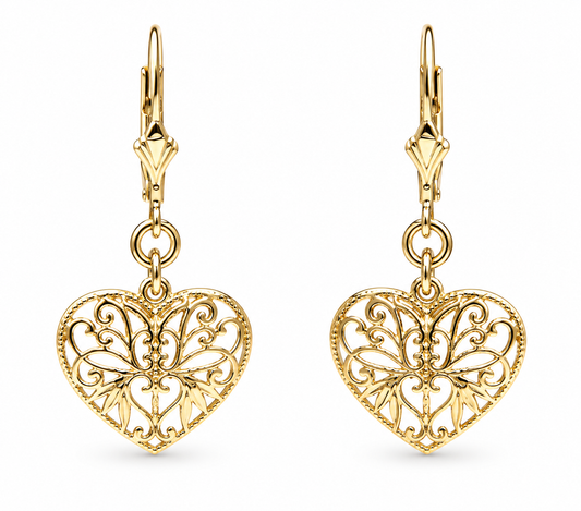 Genuine 9ct Yellow, Rose or White Gold Filigree Heart Drop Filigree Continental Hook Earrings