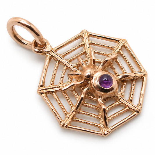 Genuine 9ct 9k 375 Yellow, Rose or White Gold Spider Web Set With Amethyst Pendant