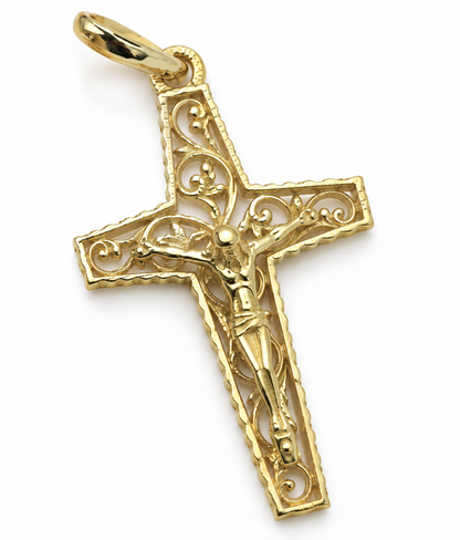 Genuine 18ct 18kt 750 Yellow Gold Filigree Crucifix Cross Pendant