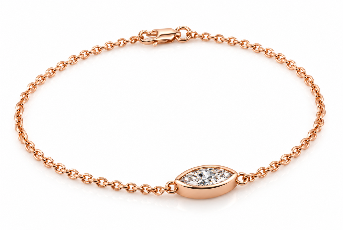 Genuine 9ct 9k 375 Yellow, Rose or White Gold Lab Grown 1.2ct Diamond Marquise Belcher 20cm Bracelet