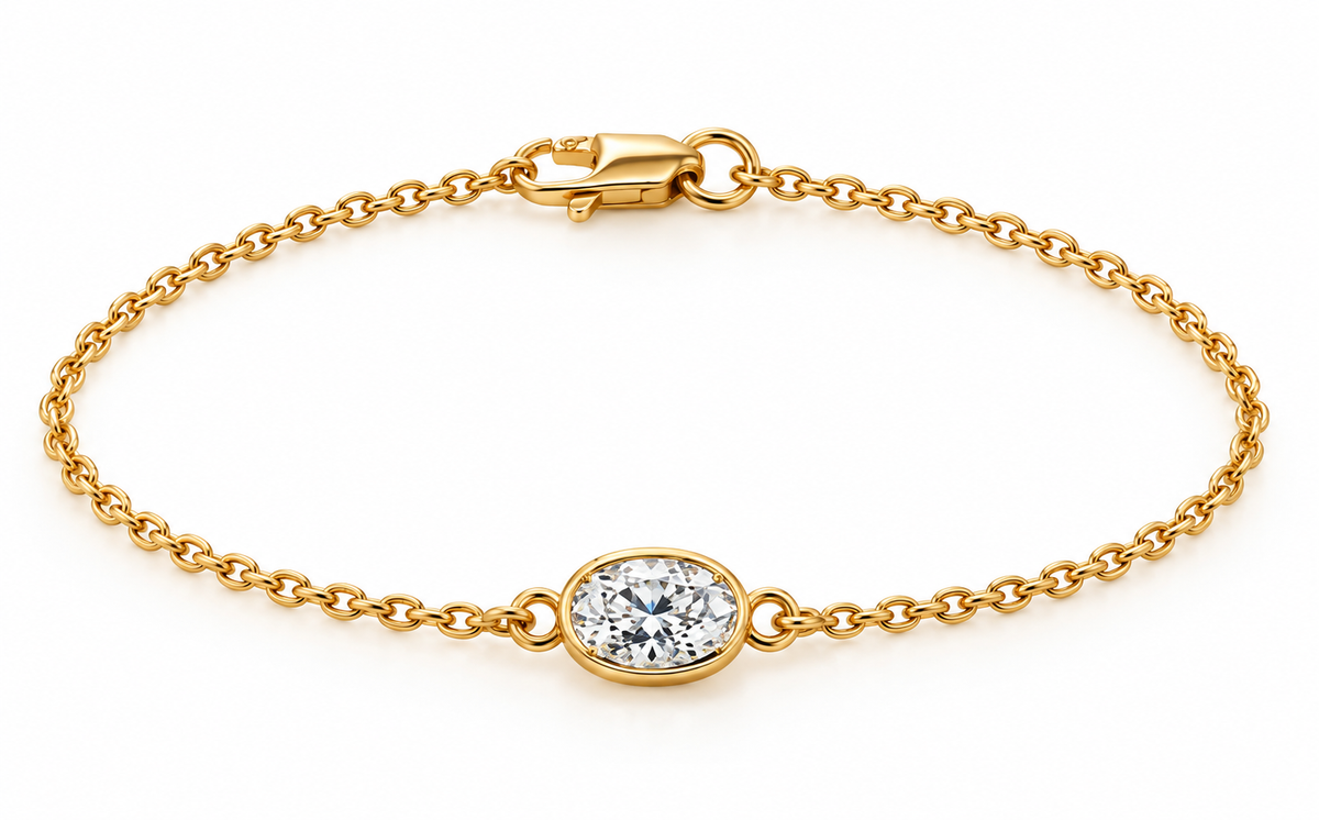 Genuine 9ct 9k 375 Yellow, Rose or White Gold Lab Grown 1.2ct Diamond Oval Belcher 20cm Bracelet