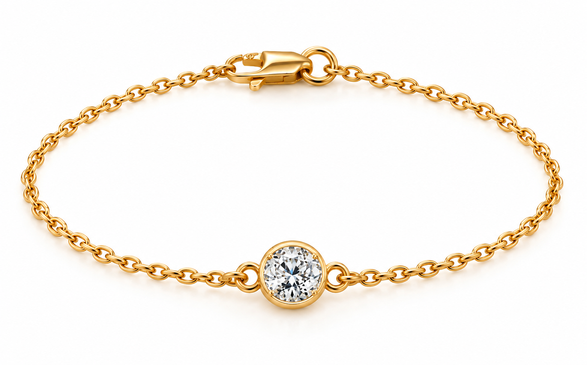 Genuine 9ct 9k 375 Yellow, Rose or White Gold Lab Grown 1.2ct Diamond Round Solitaire Belcher 20cm Bracelet