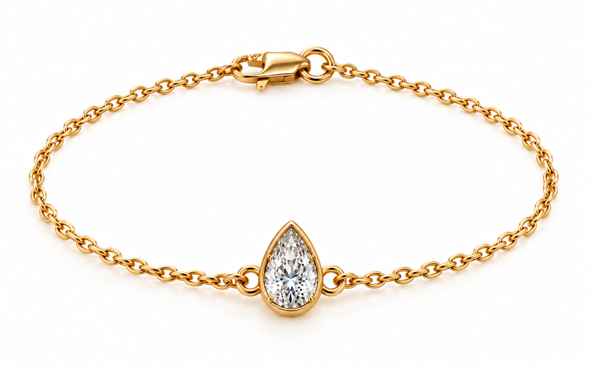 Genuine 9ct 9k 375 Yellow, Rose or White Gold Lab Grown 1.2ct Diamond Pear Belcher 20cm Bracelet
