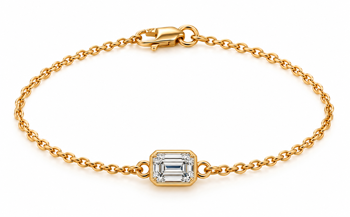 Genuine 9ct 9k 375 Yellow, Rose or White Gold Lab Grown 1.2ct Diamond Emerald Cut Belcher 20cm Bracelet