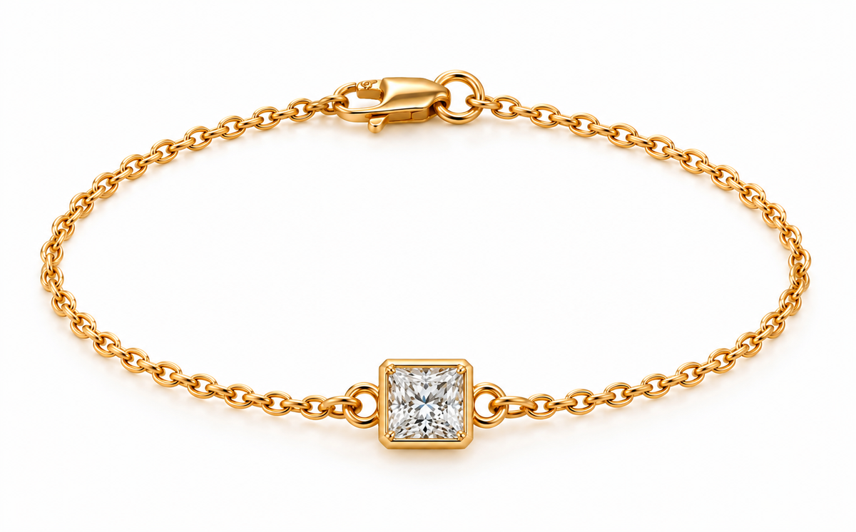 Genuine 9ct 9k 375 Yellow, Rose or White Gold Lab Grown 1.2ct Diamond Princess Cut Belcher 20cm Bracelet