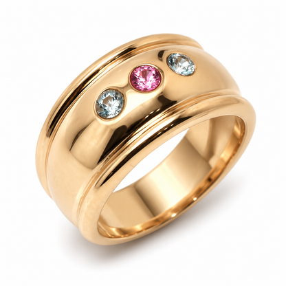 Genuine 9ct 9k 375 Full Solid Rose Gold Aquamarine + Pink Sapphire Thick Dome Ring 10mm Wide