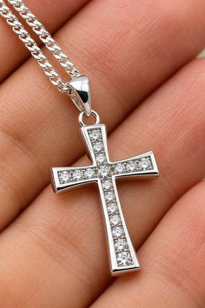 Sterling Silver 925 CZ Cross Pendant  + Necklace Chain