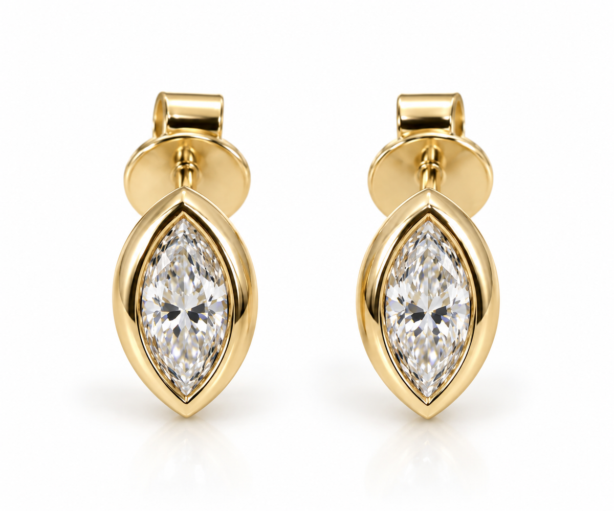 Genuine 9ct Yellow, Rose or White Gold 2.00ct Total Diamond Weight Marquise Bezel Set Lab Grown Diamond Stud Earrings
