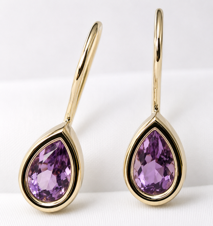 Genuine  9ct Yellow Gold Purple Stone Teardrop Earrings