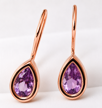 Genuine  9ct Yellow Gold Purple Stone Teardrop Earrings